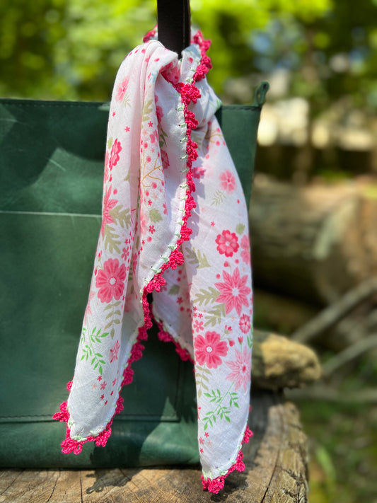 pink floral bandana scarf with crochet lace edging
