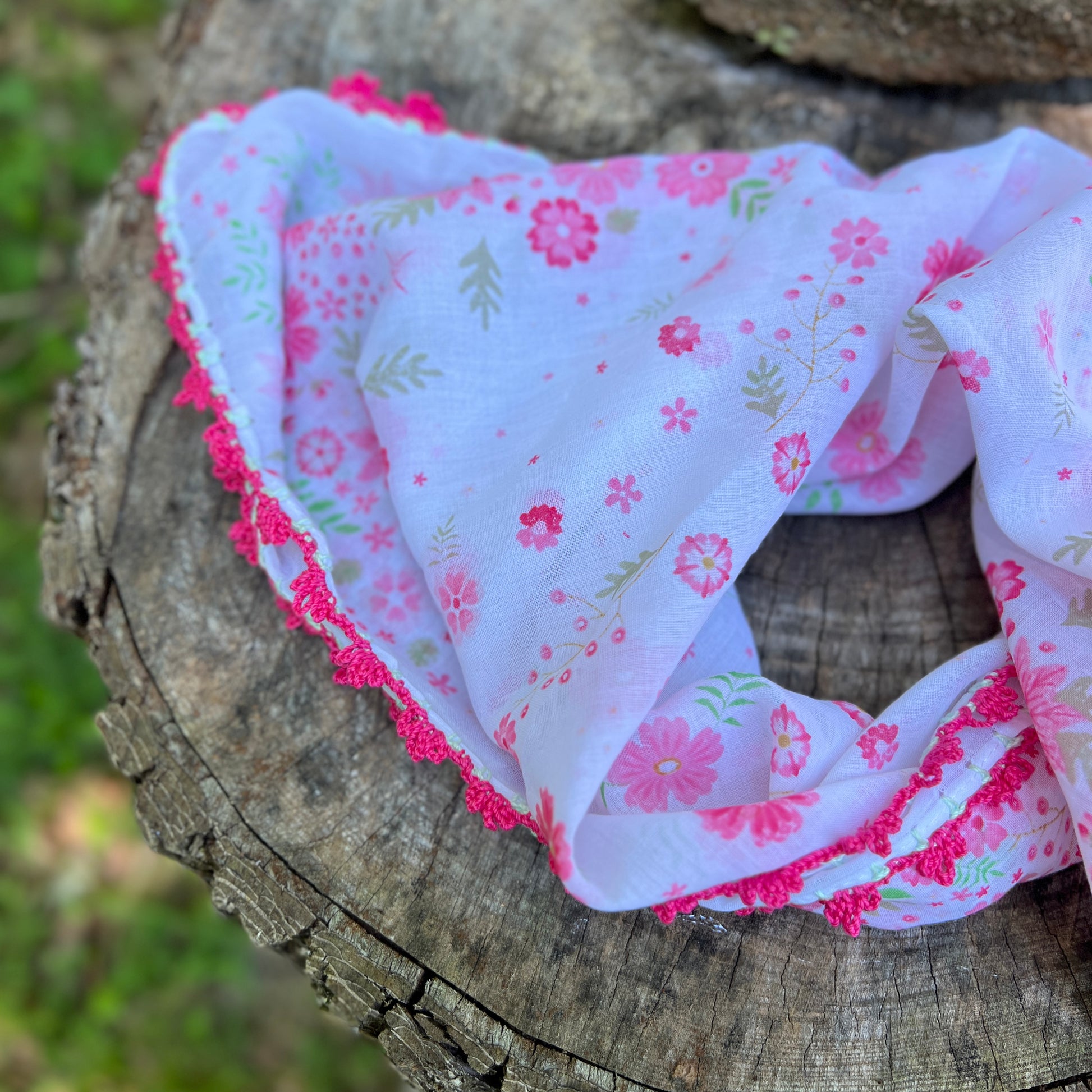 pink floral bandana scarf with crochet lace edging close up