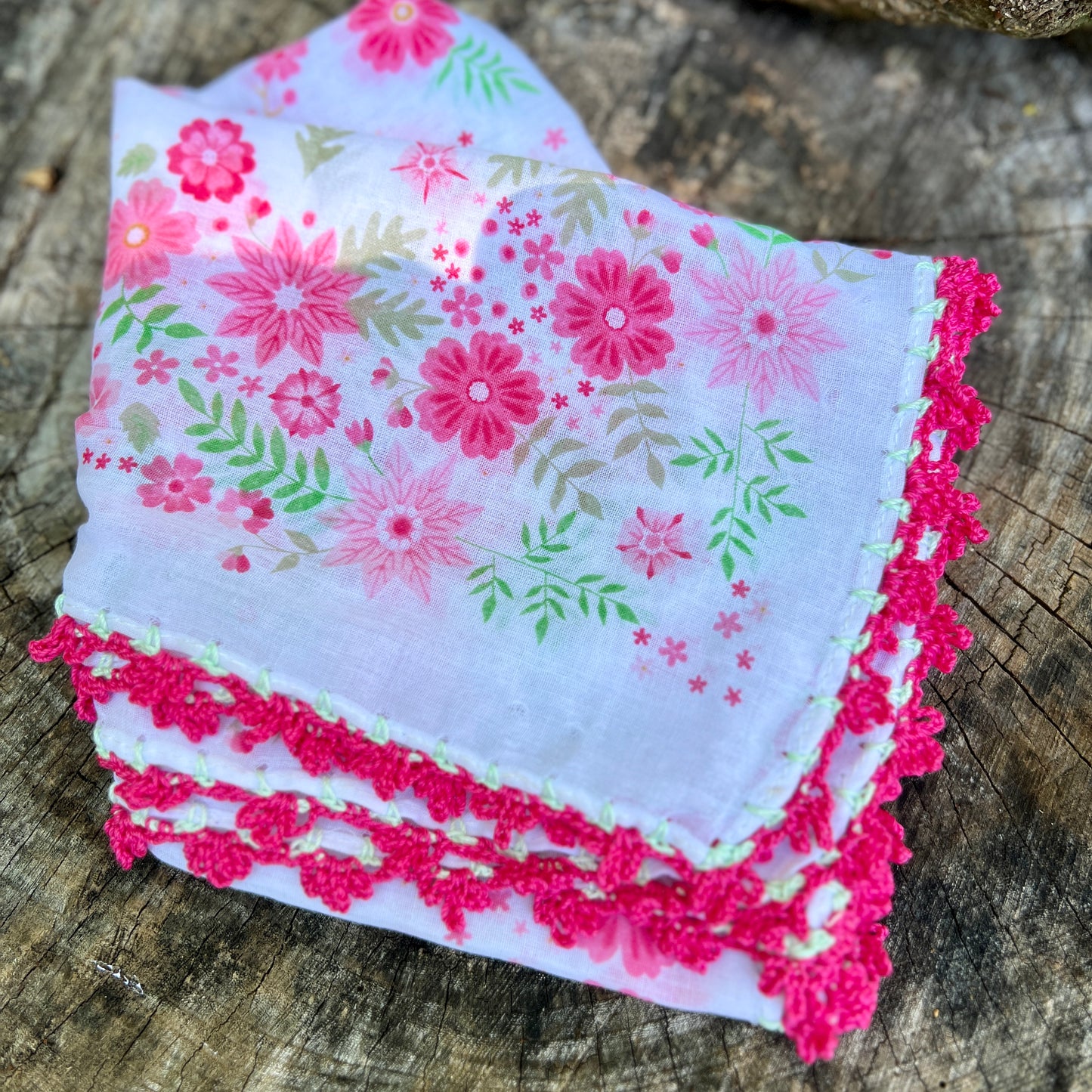 pink floral bandana scarf with crochet lace edging