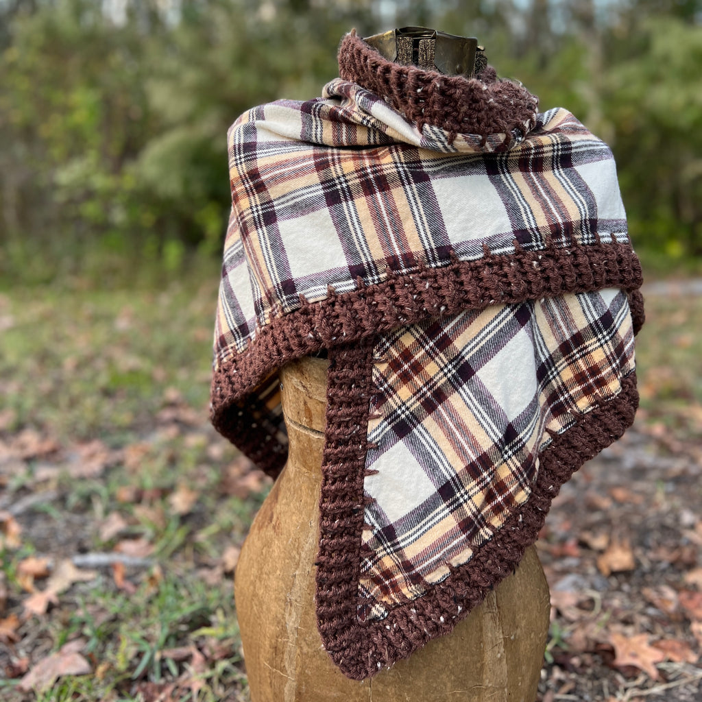 brown plaid flannel scarf with crochet trim