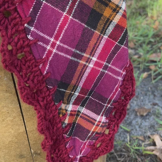 purple plaid flannel shawl with crochet trim