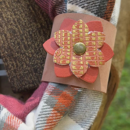 leather scarf cuff with orange flower on plaid flannel scarf