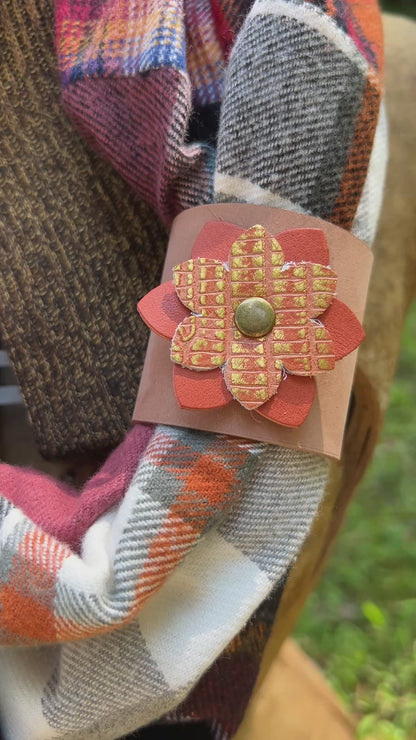 leather scarf cuff with orange flower on plaid flannel scarf