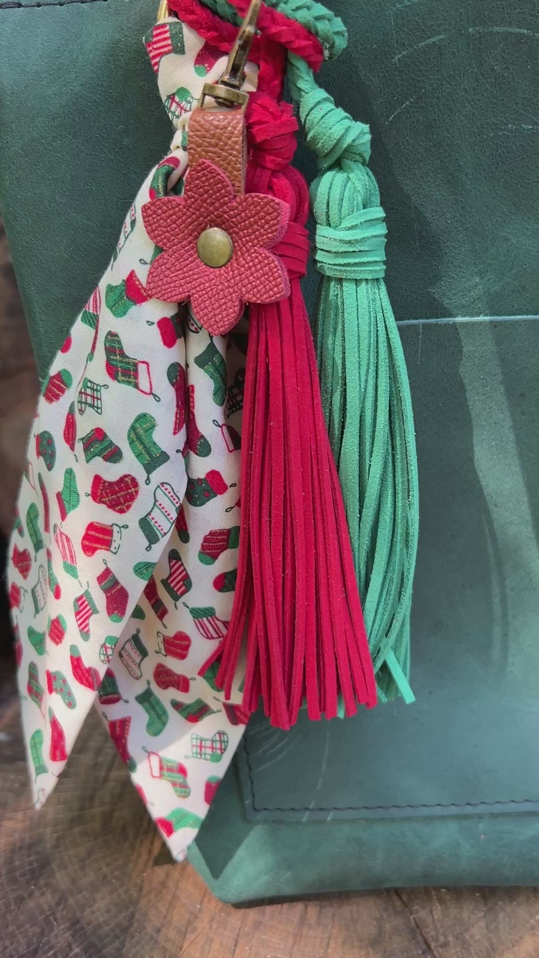 Christmas stocking print purse scarf  red and green tassel and red flower on green tote