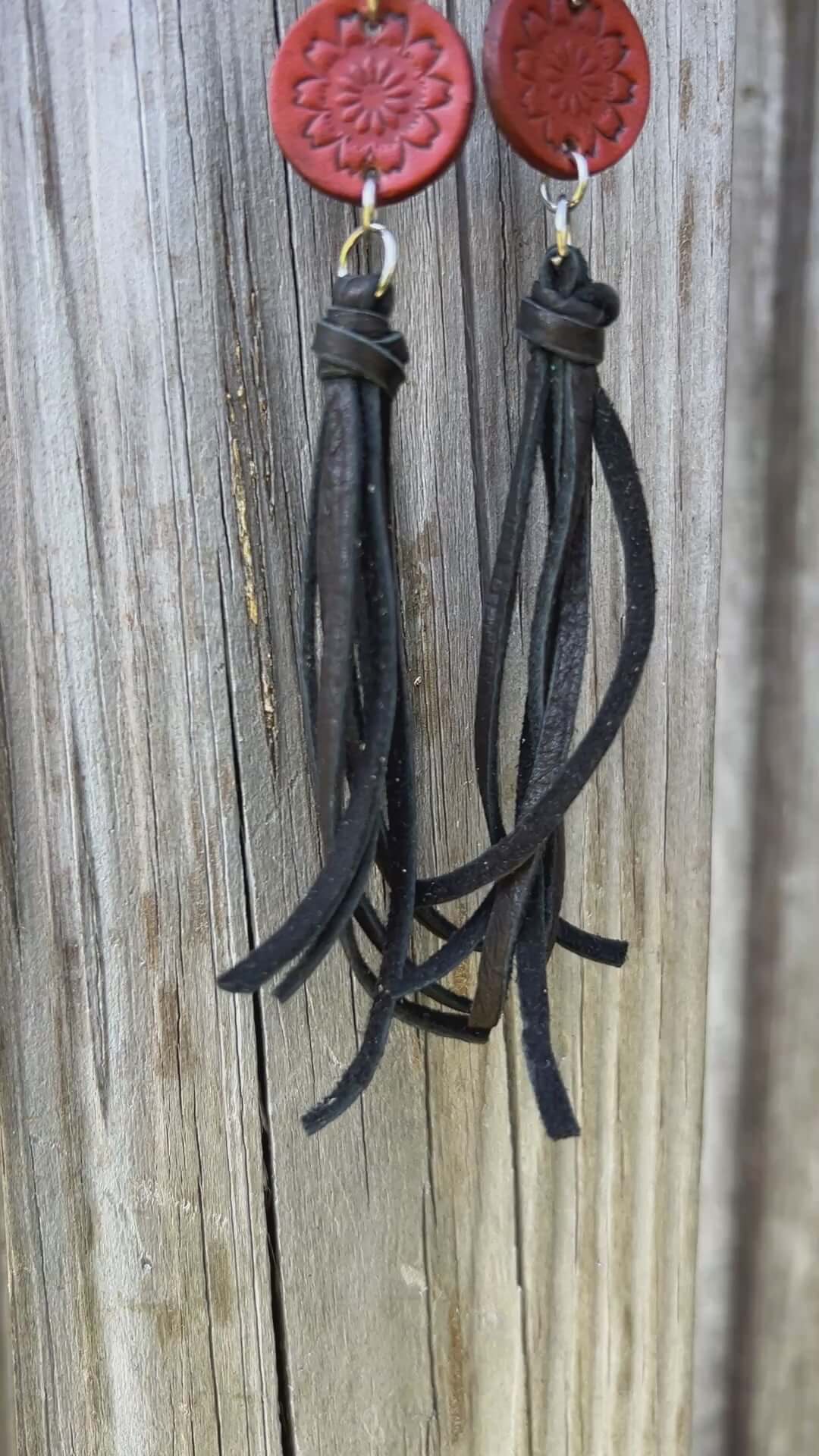 Leather Tassel Earrings - Black with Blue Spot Jasper