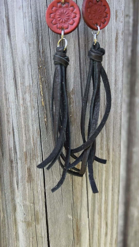 Leather Tassel Earrings - Black with Blue Spot Jasper