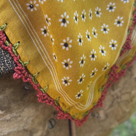 mustard yellow floral scarf with crochet trim