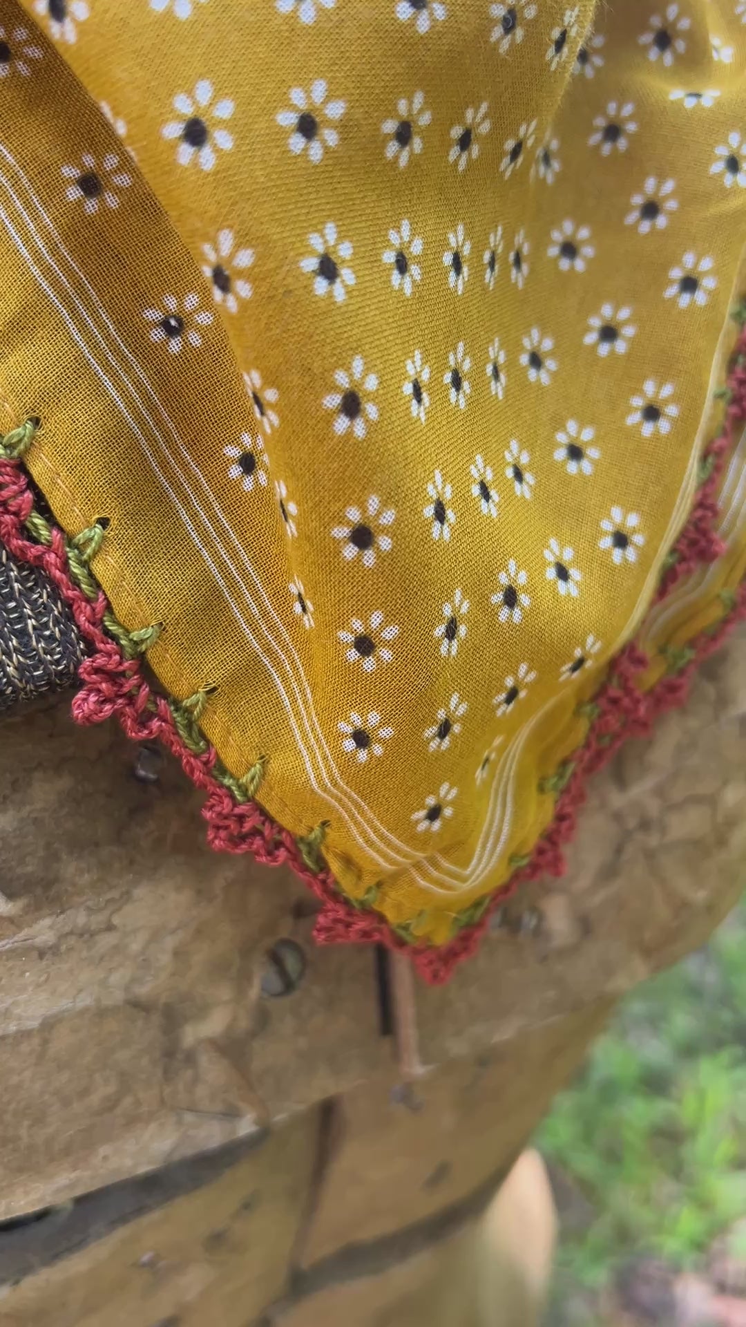 mustard yellow floral scarf with crochet trim