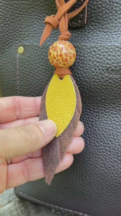 Leather Feather Bag Charm in Brown and Yellow
