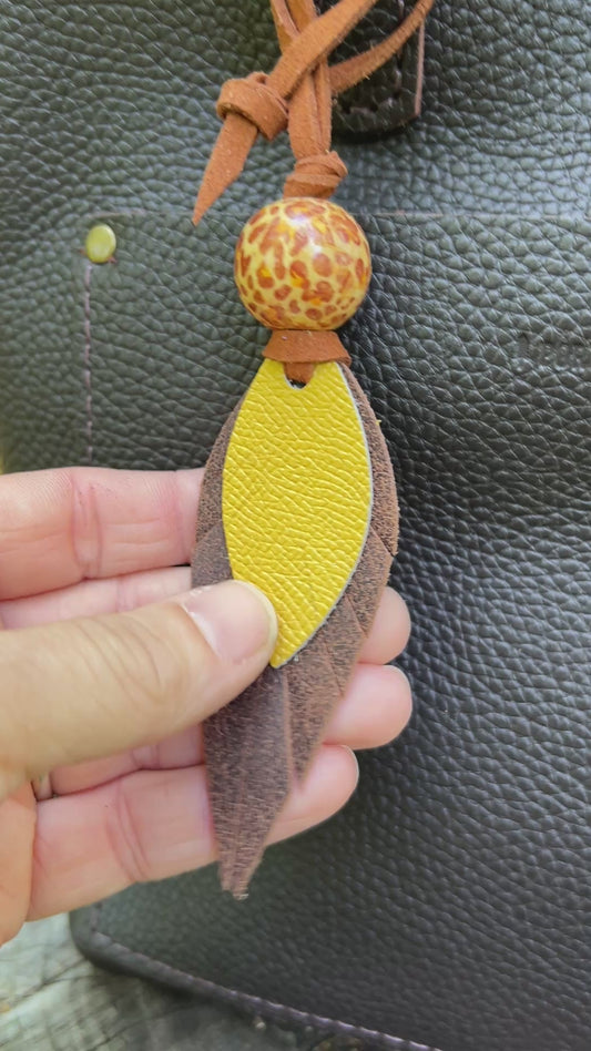 Leather Feather Bag Charm in Brown and Yellow
