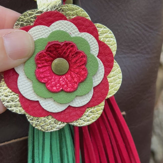 Christmas bag charms on brown tote