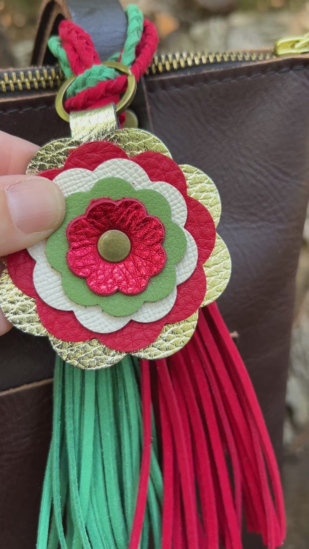 Christmas bag charms on brown tote