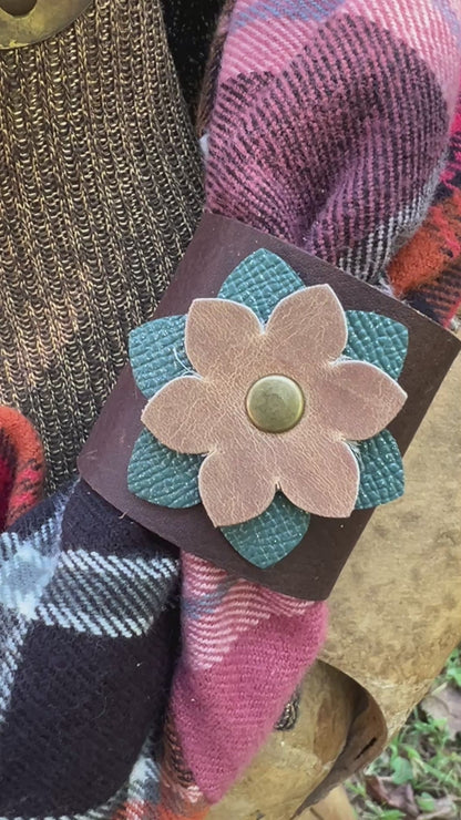 Scarf Cuff with Leather Flower - Teal and Tan on Brown