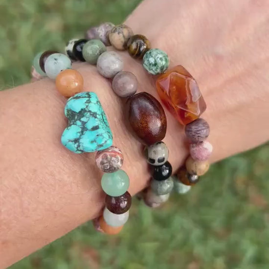 Boho Bracelet - Aventurine and Jasper with Blue Nugget - Stacking Stretch Bracelet
