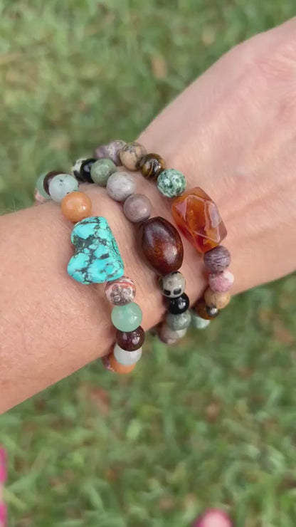Boho Bracelet - Aventurine and Jasper with Blue Nugget - Stacking Stretch Bracelet