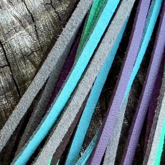 gray, purple, green, blue and brown tassel bag charm