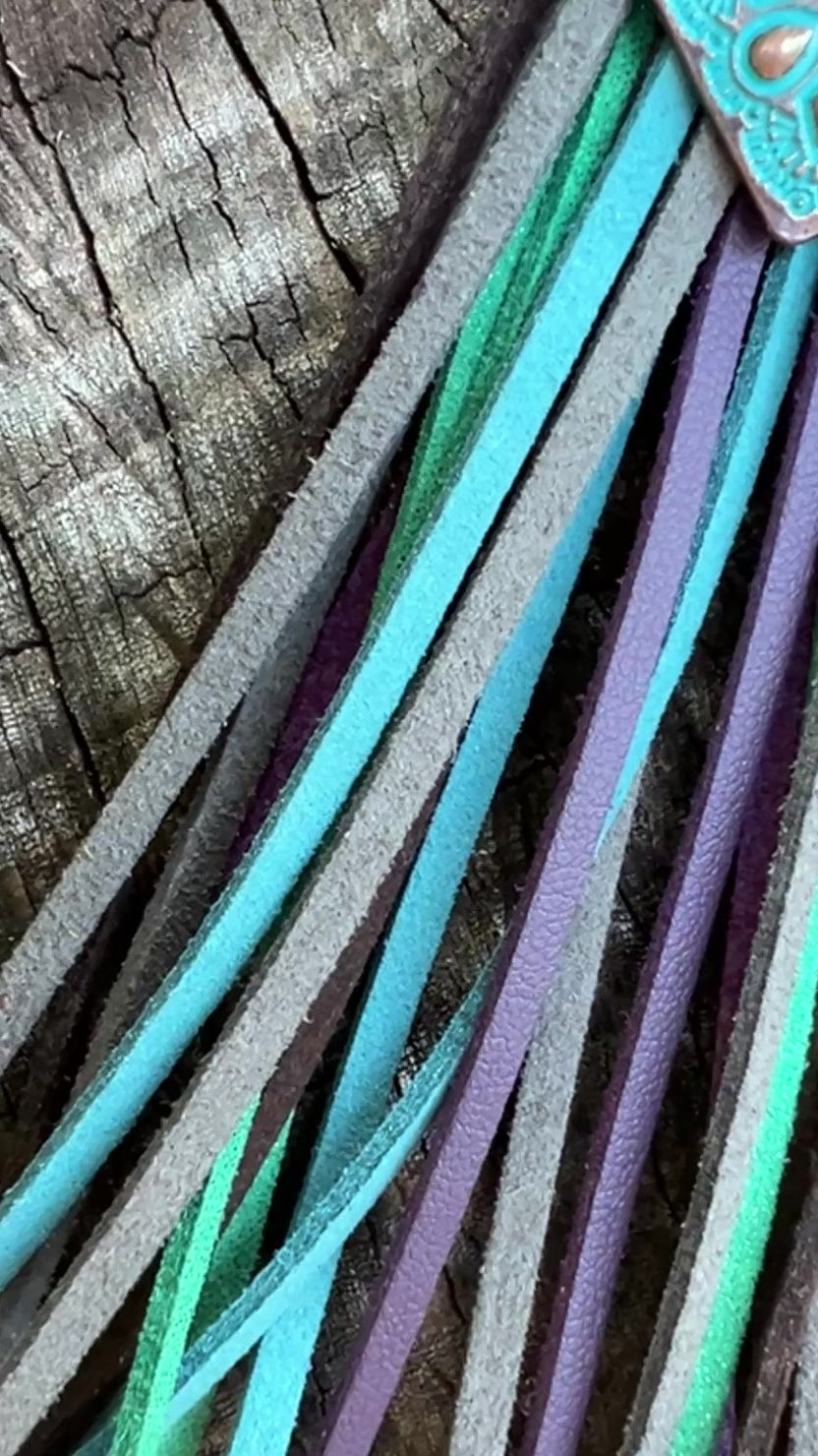gray, purple, green, blue and brown tassel bag charm