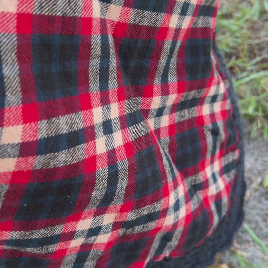 red and navy blue plaid flannel shawl scarf