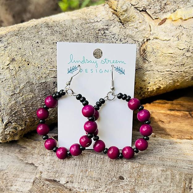 Beaded Hoop Earrings - Wood and Glass Seed Beads - Ready to Ship