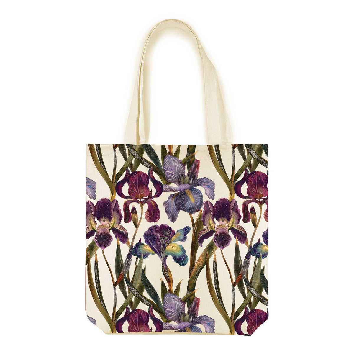 purple iris canvas tote bag on white background