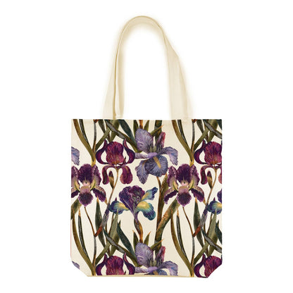 purple iris canvas tote bag on white background
