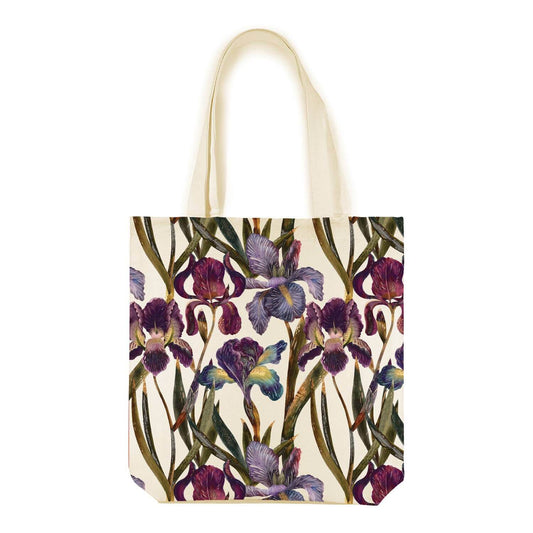 purple iris canvas tote bag on white background