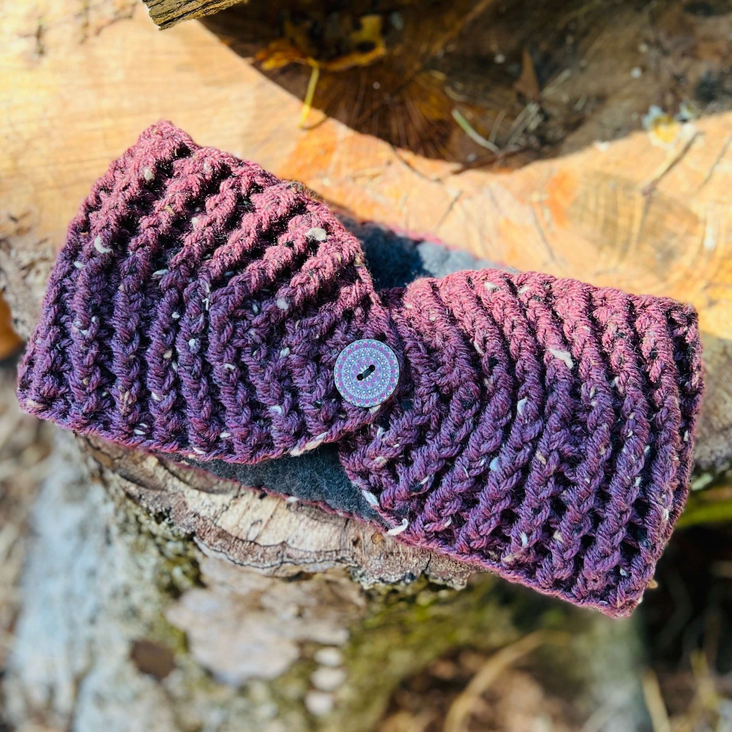 Winter Headband with Fleece Lining - Plum Tweed