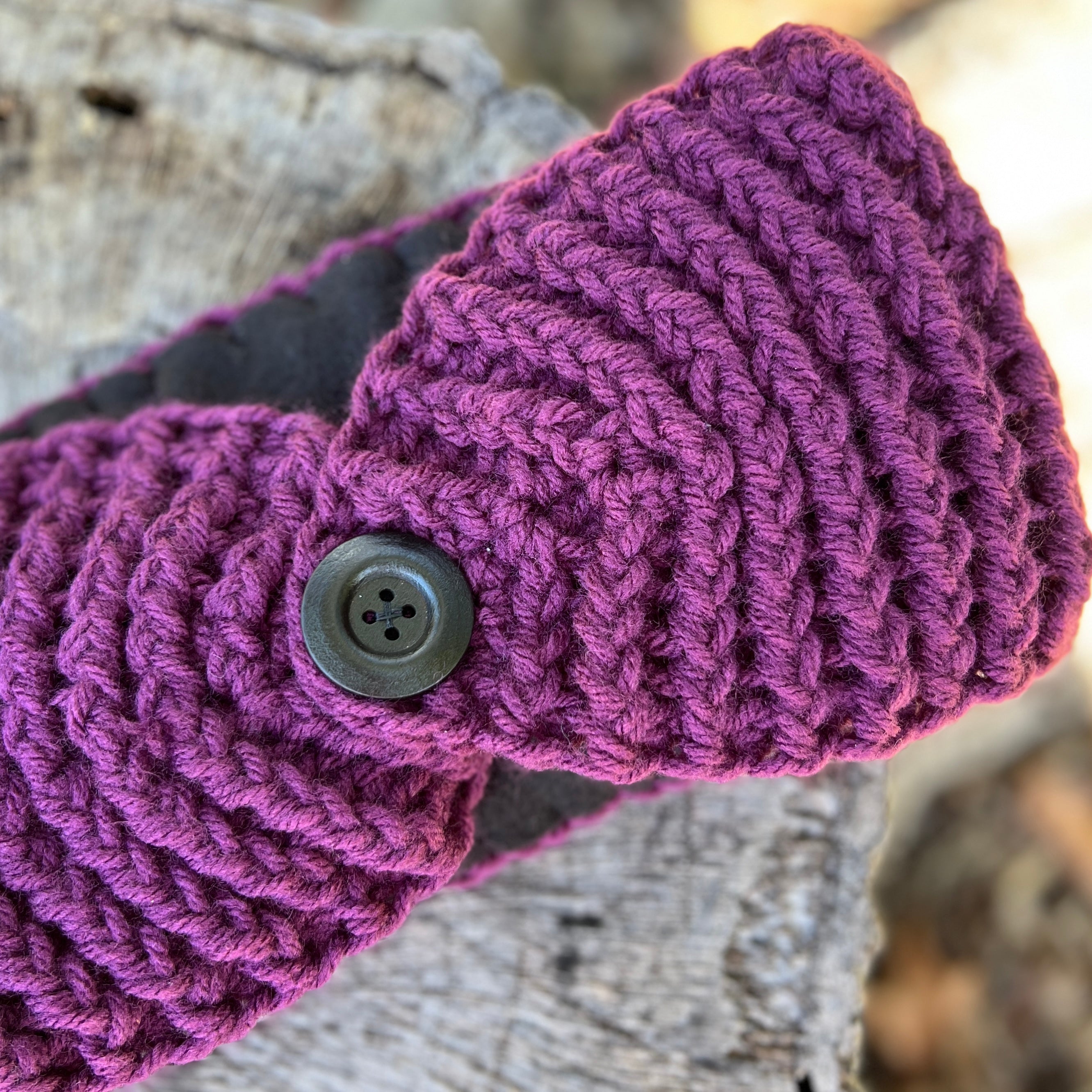 winter headband with fleece lining and button in purple