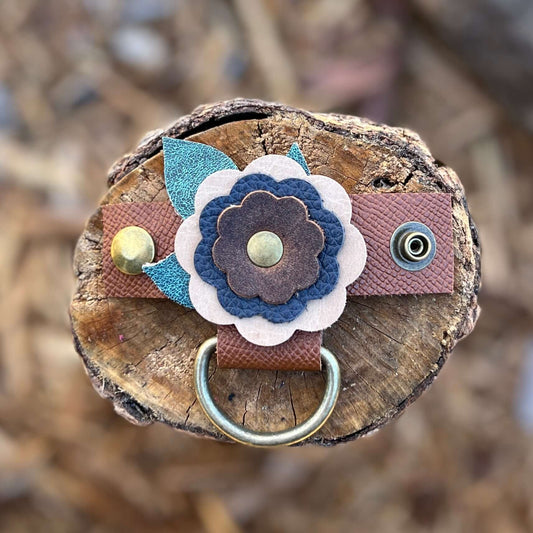 Purse Charm Holder - Flowers in Tan, Deep Blue and Brown
