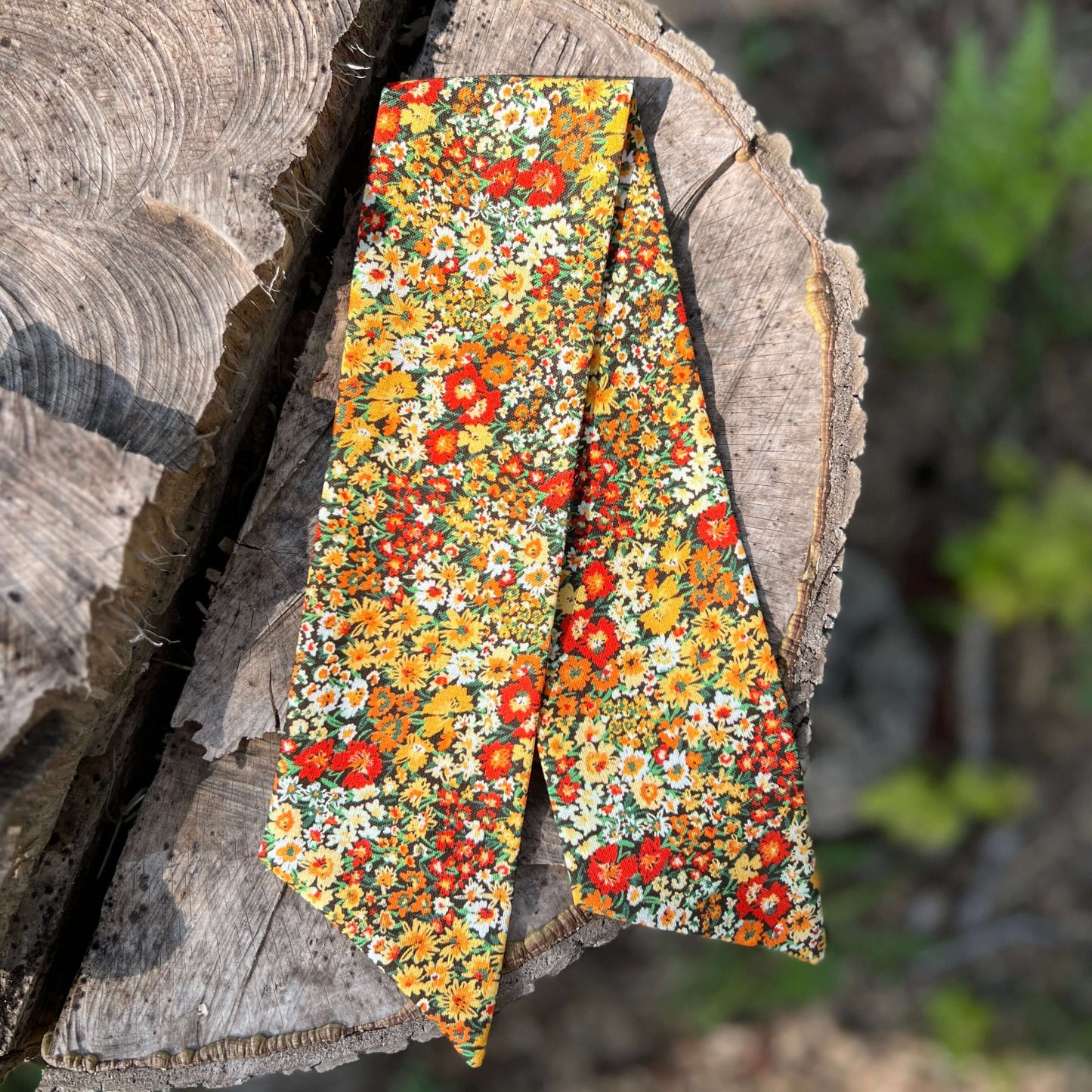purse scarf in orange, yellow and green floral