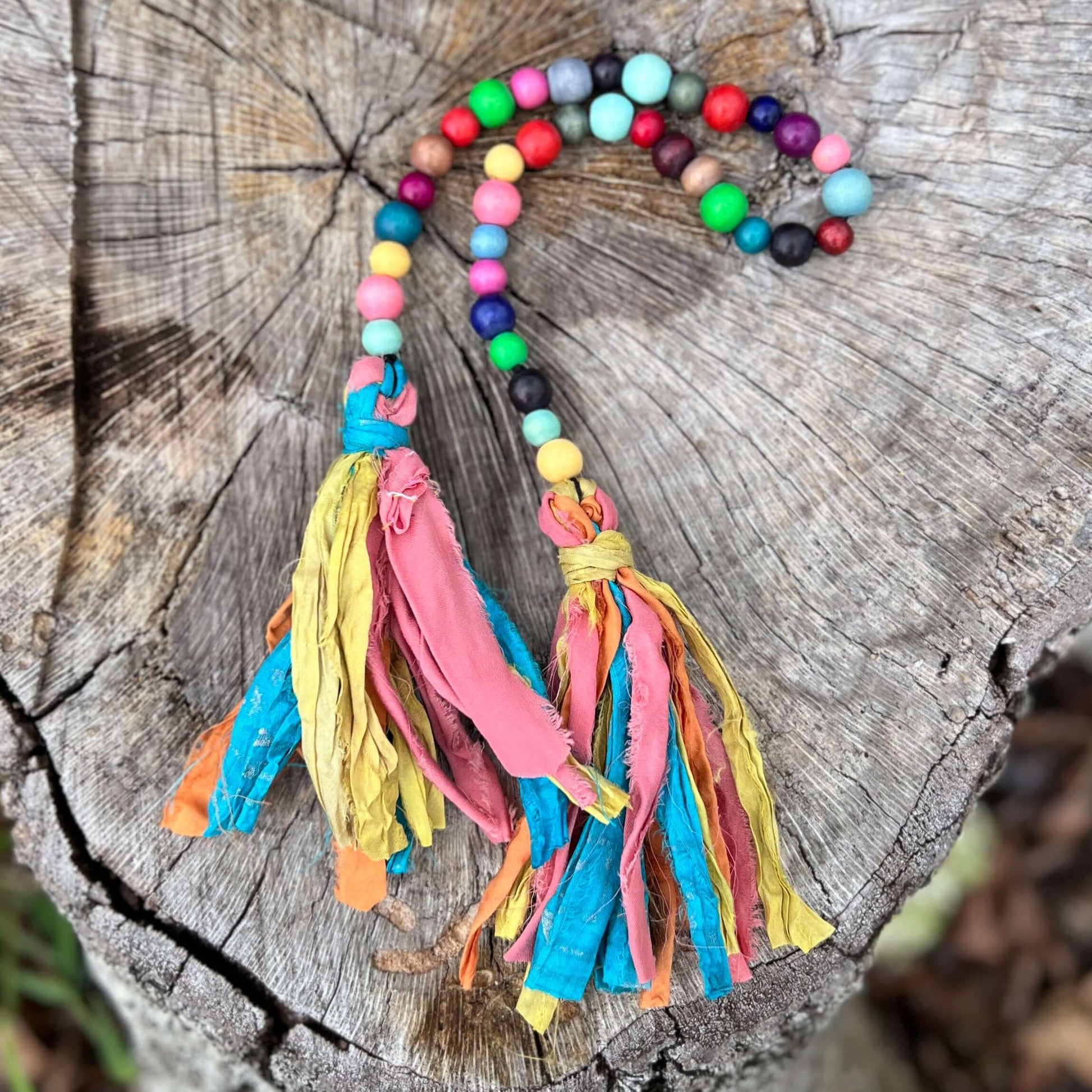 Colorful Wood Bead and Recycled Silk Tassel Bag Charm