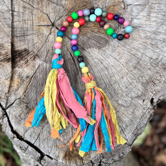 Colorful Wood Bead and Recycled Silk Tassel Bag Charm