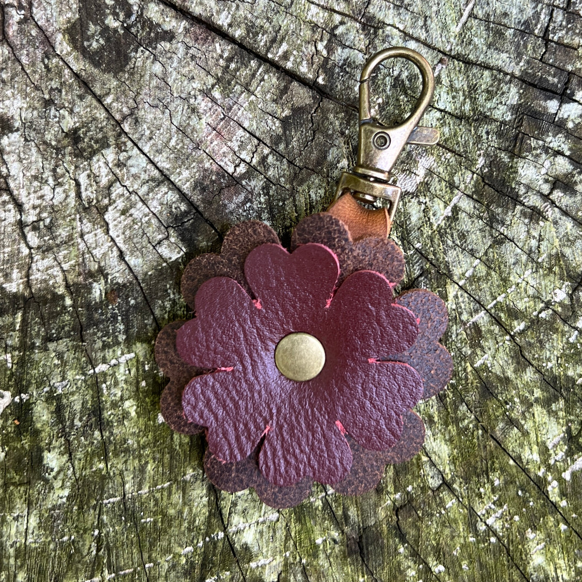red and brown leather flower bag charm