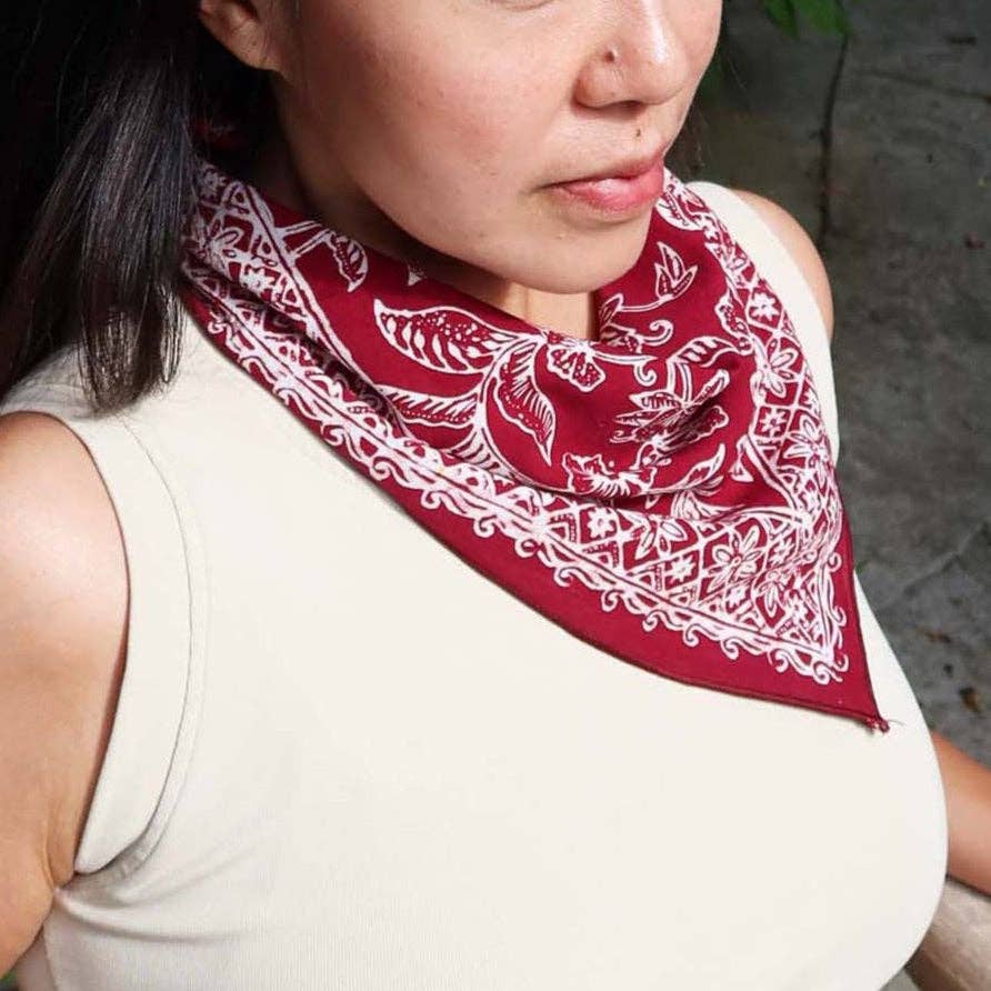 red and white floral batik bandana