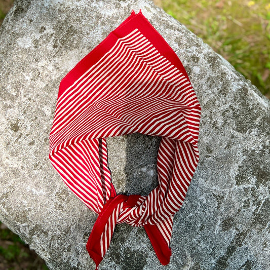 Red and white striped bandana tied on a stone surface