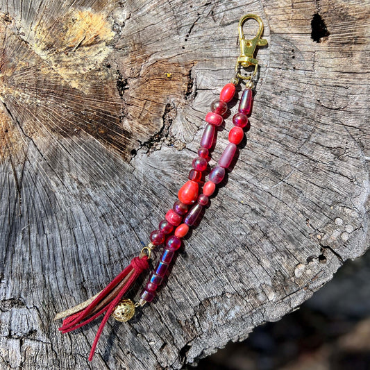 beaded bag charm in red

