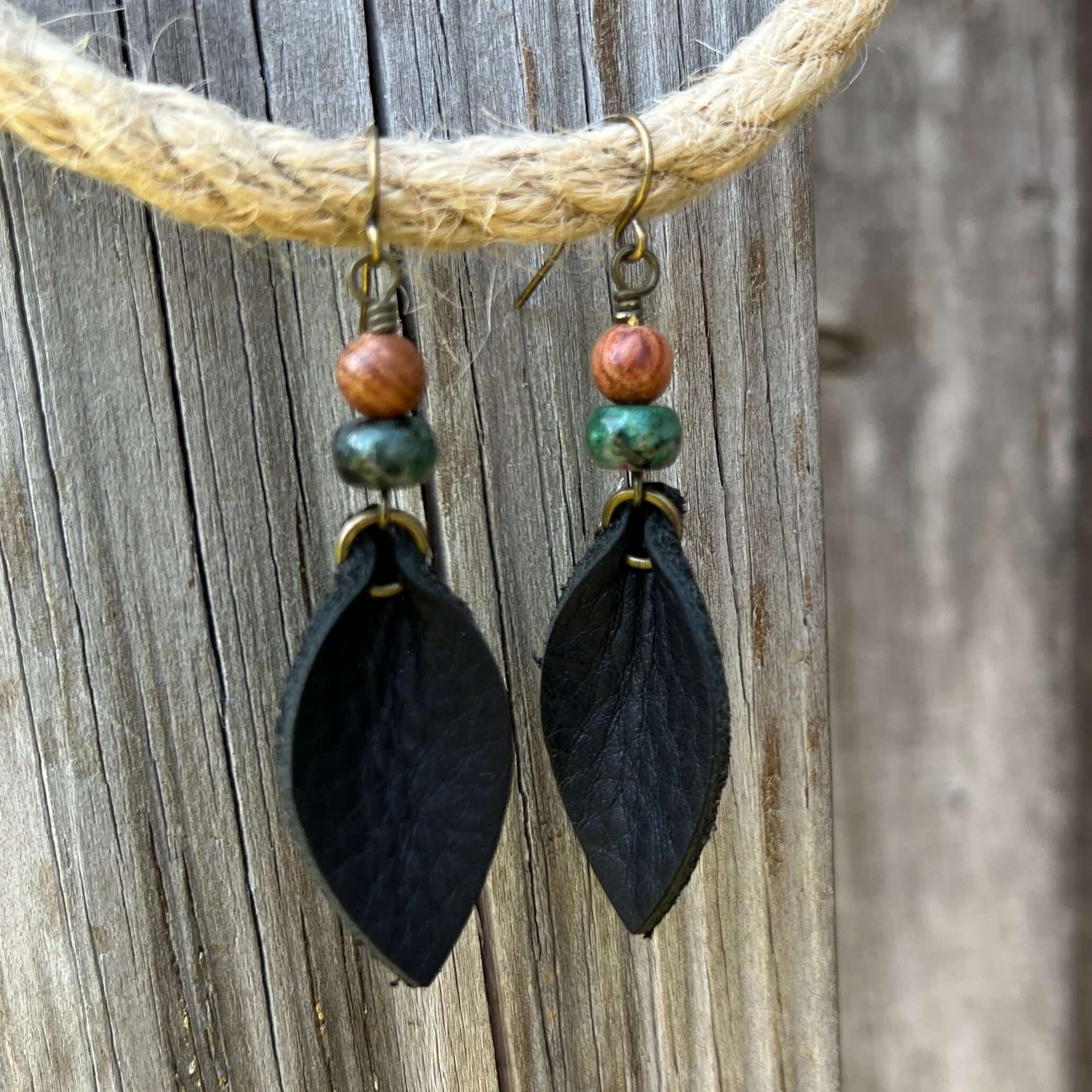 Western Style Leather Petal Dangle Earrings - Black with Wood & Ruby Zoisite