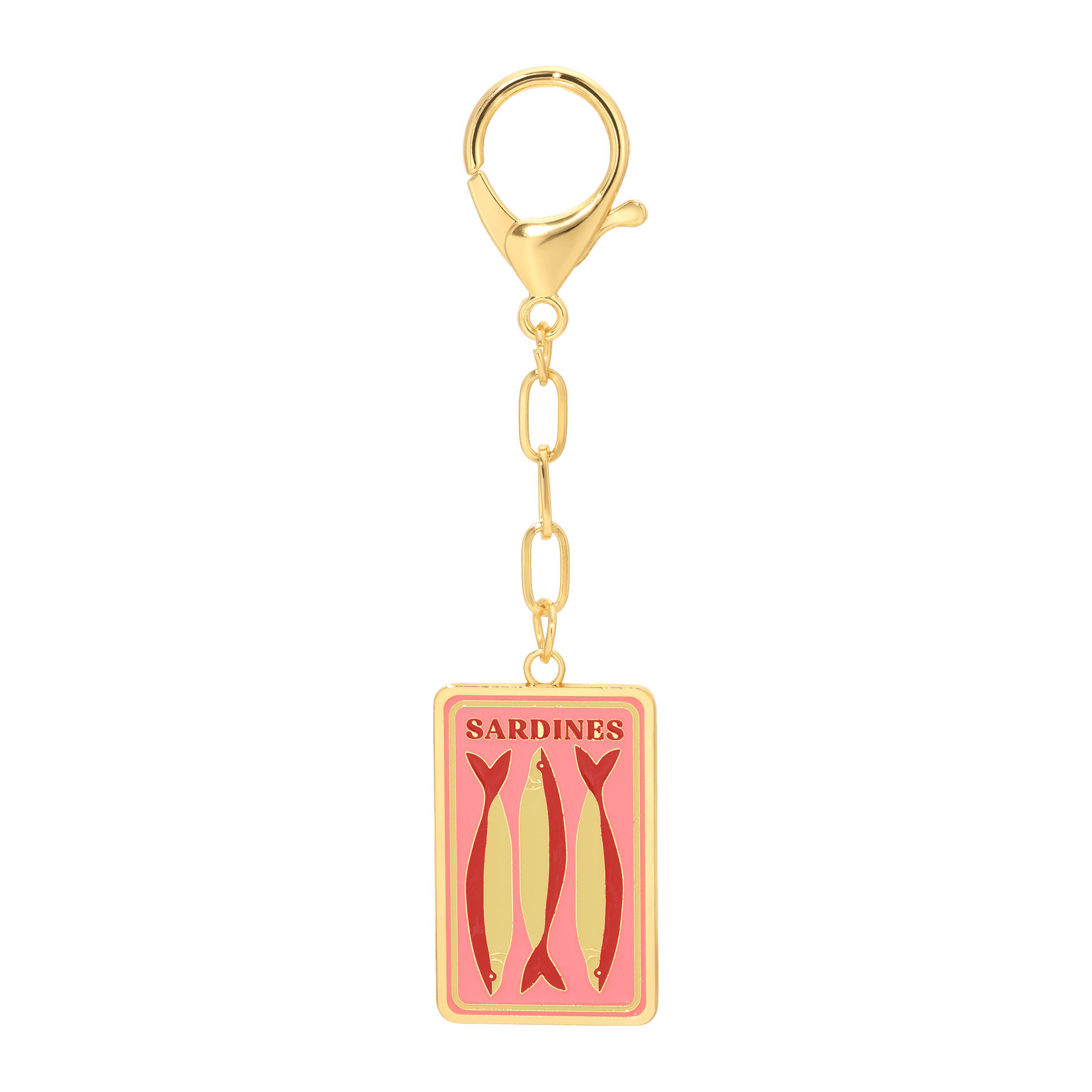 Gold charm with pink label featuring images of sardines on a white background