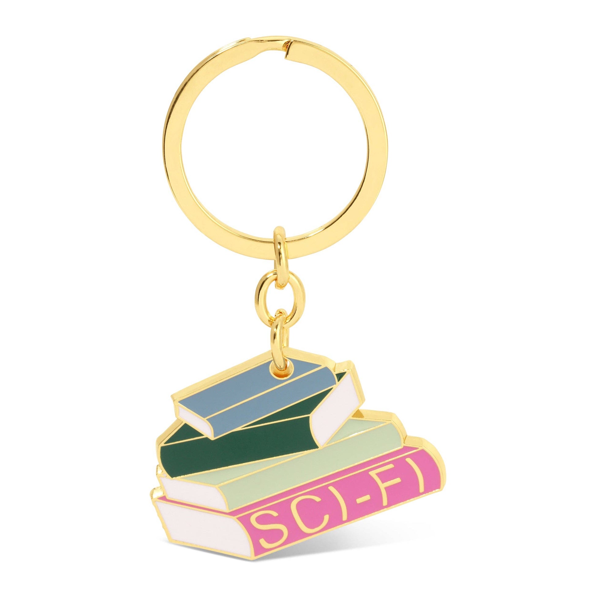 sci-fi book stack keychain on white background