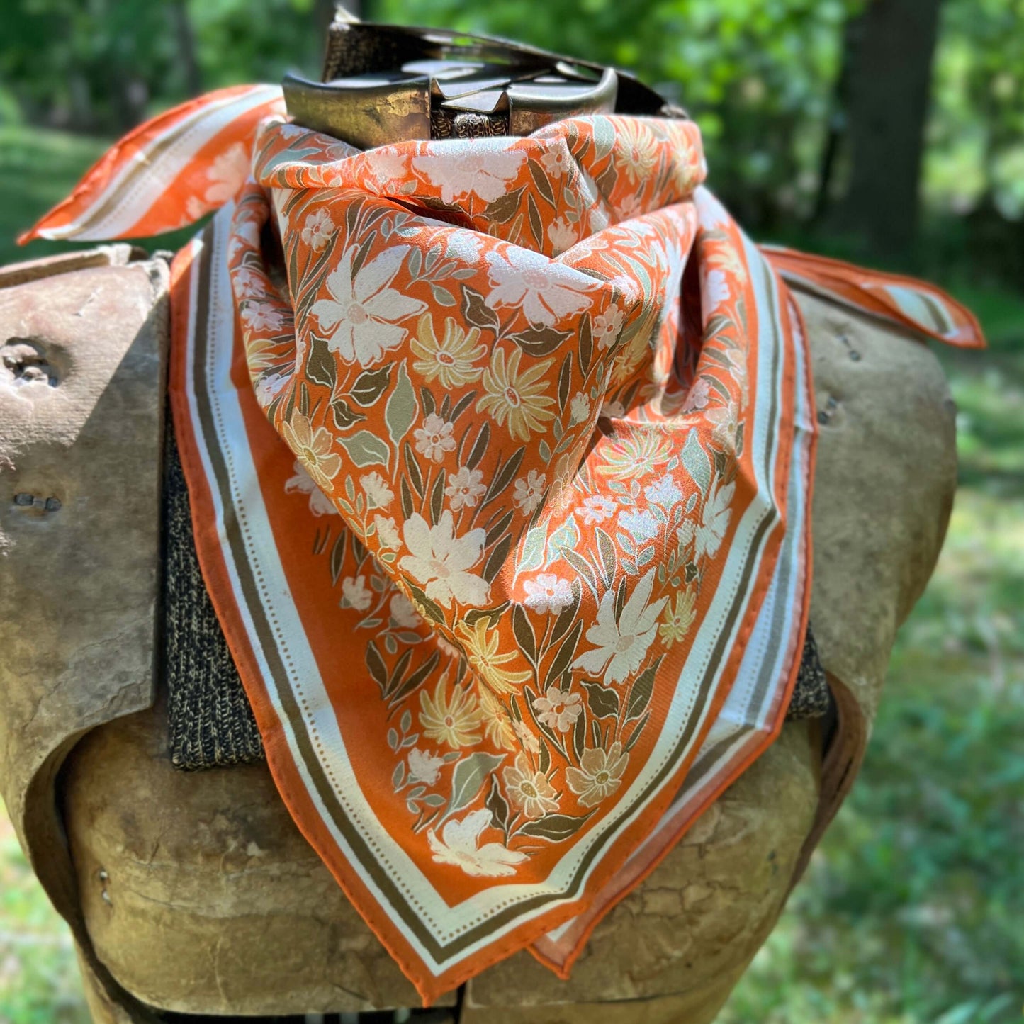 silk floral bandana scarf in deep orange and cream