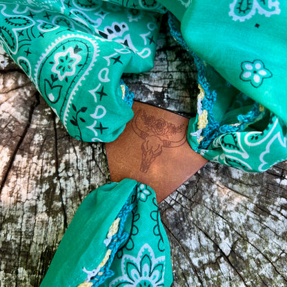 skull and roses pattern leather bandana slide on green paisley bandana