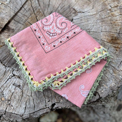 Bandana Scarf - Soft Pink with Crochet Edging