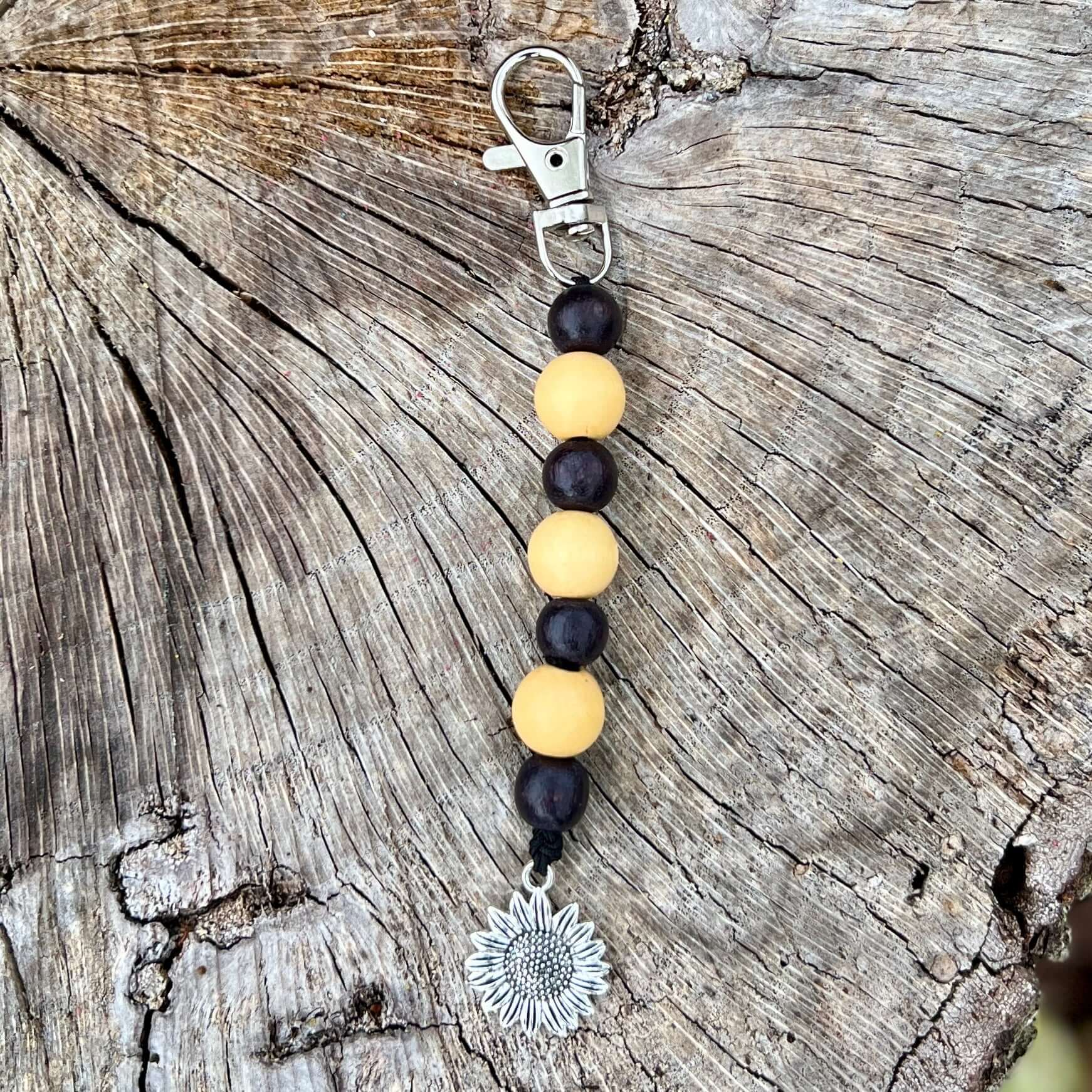 beaded bag charm with sunflower charm