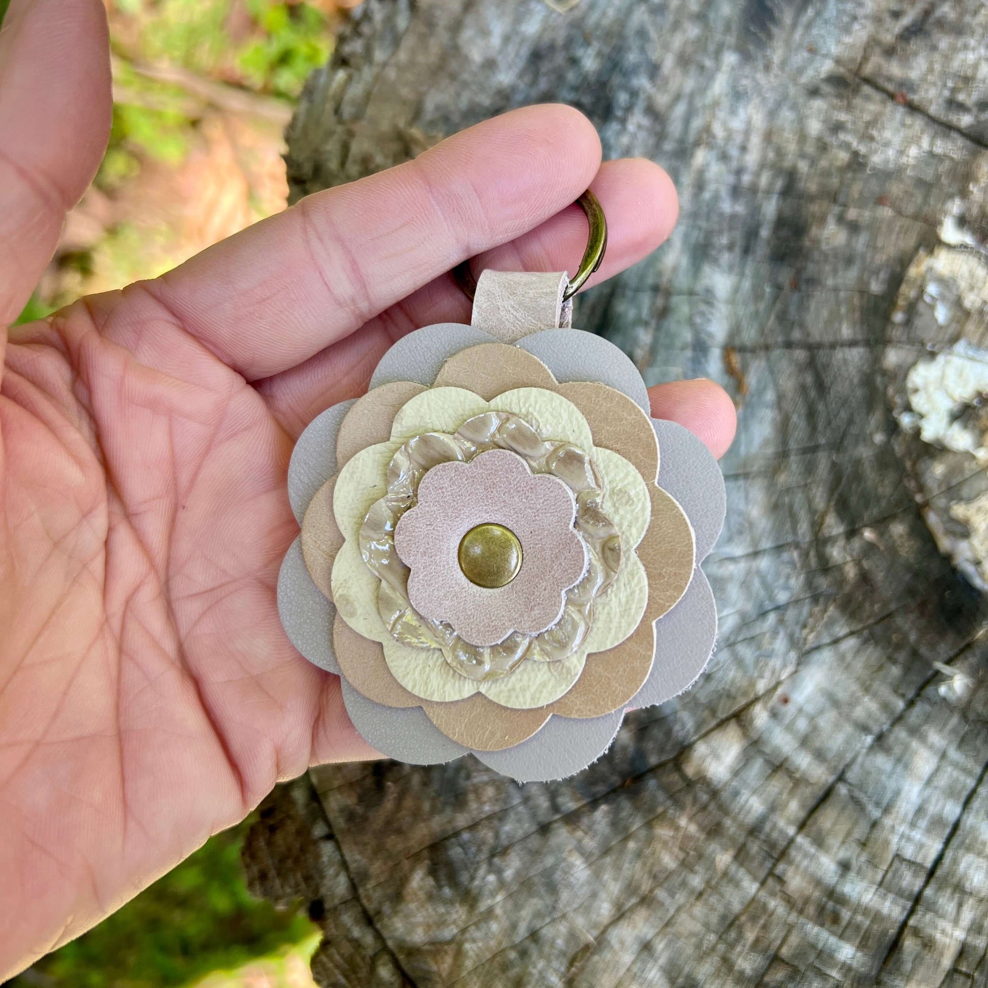 tan leather flower bag charm
