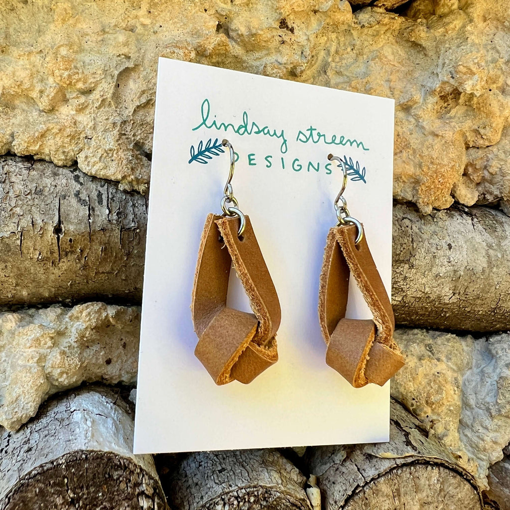Leather Knot Earrings - Tan
