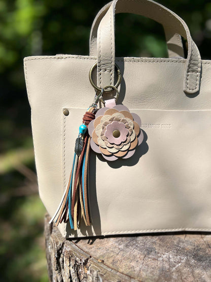 Purse Tassel Southwestern Style Boho Bag Charm Keychain Handbag - Brown Turquoise Blue + Feather Charm Gift for Her Cowgirl Tassel
