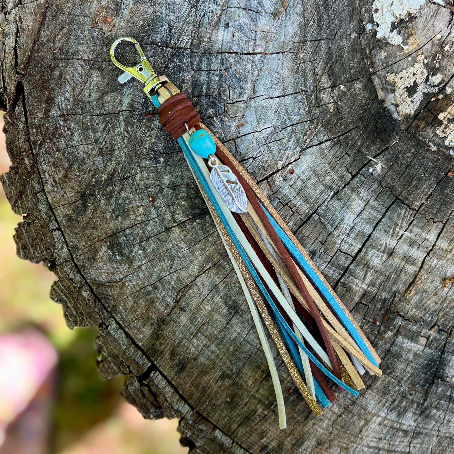Purse Tassel Southwestern Style Boho Bag Charm Keychain Handbag - Brown Turquoise Blue + Feather Charm Gift for Her Cowgirl Tassel