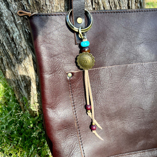 western style boho beaded bag charm on tote bag
