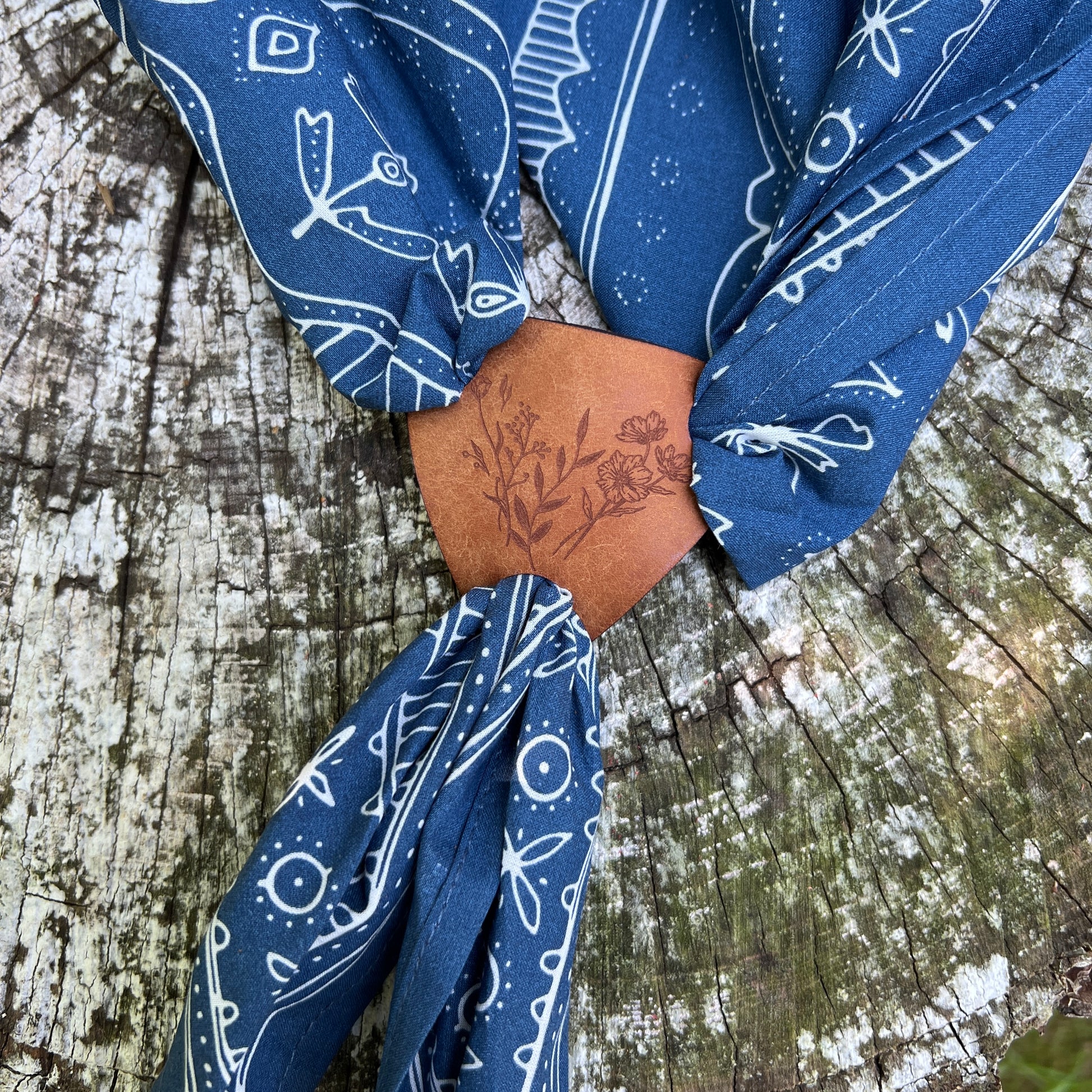 wildflower triangle shaped leather bandana slide on blue cotton bandana