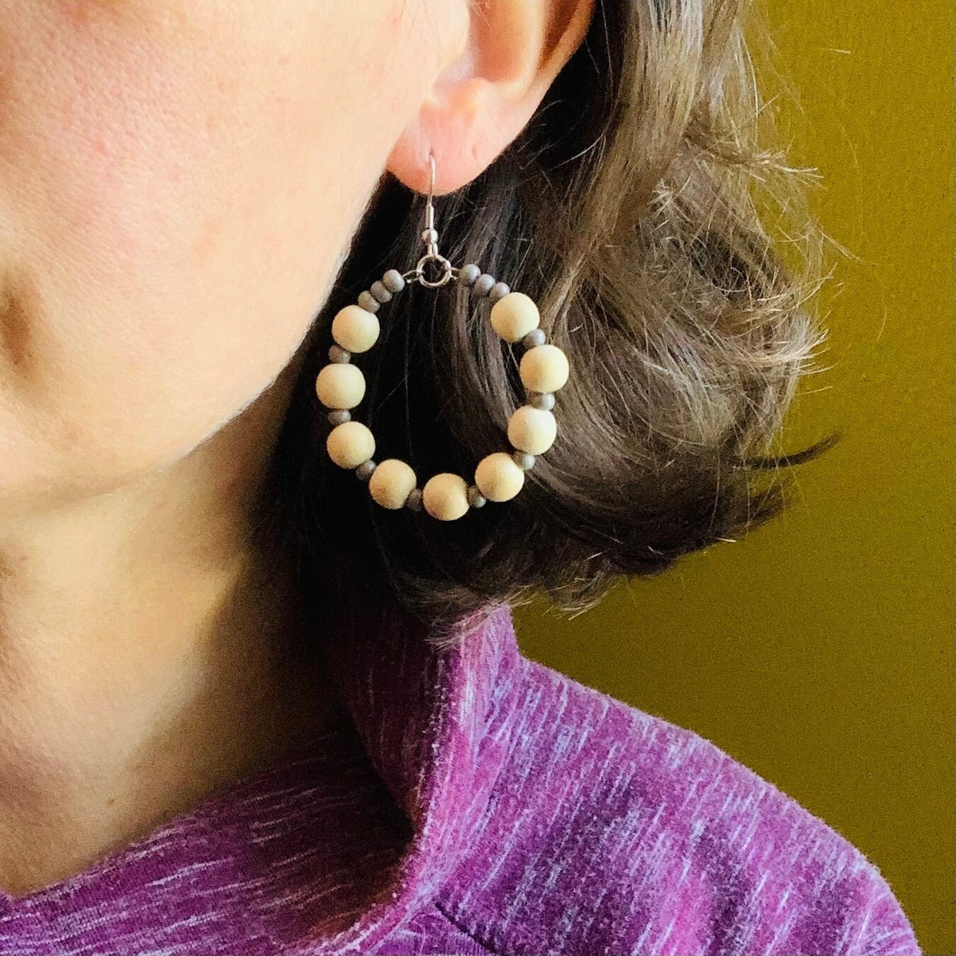 Beaded Hoop Earrings - Wood and Glass Seed Beads